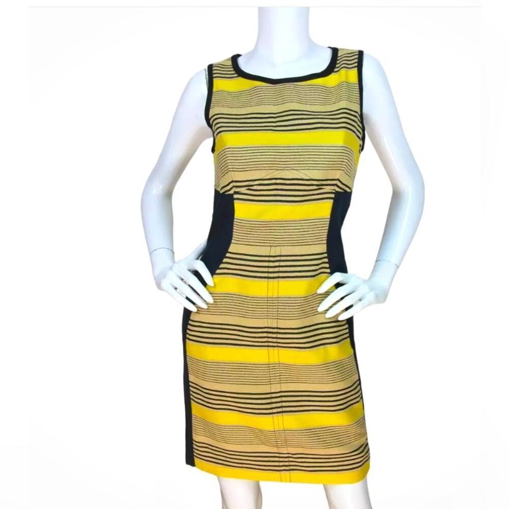 EUC Sea New York Women Black yellow tan striped shift linen dress 4